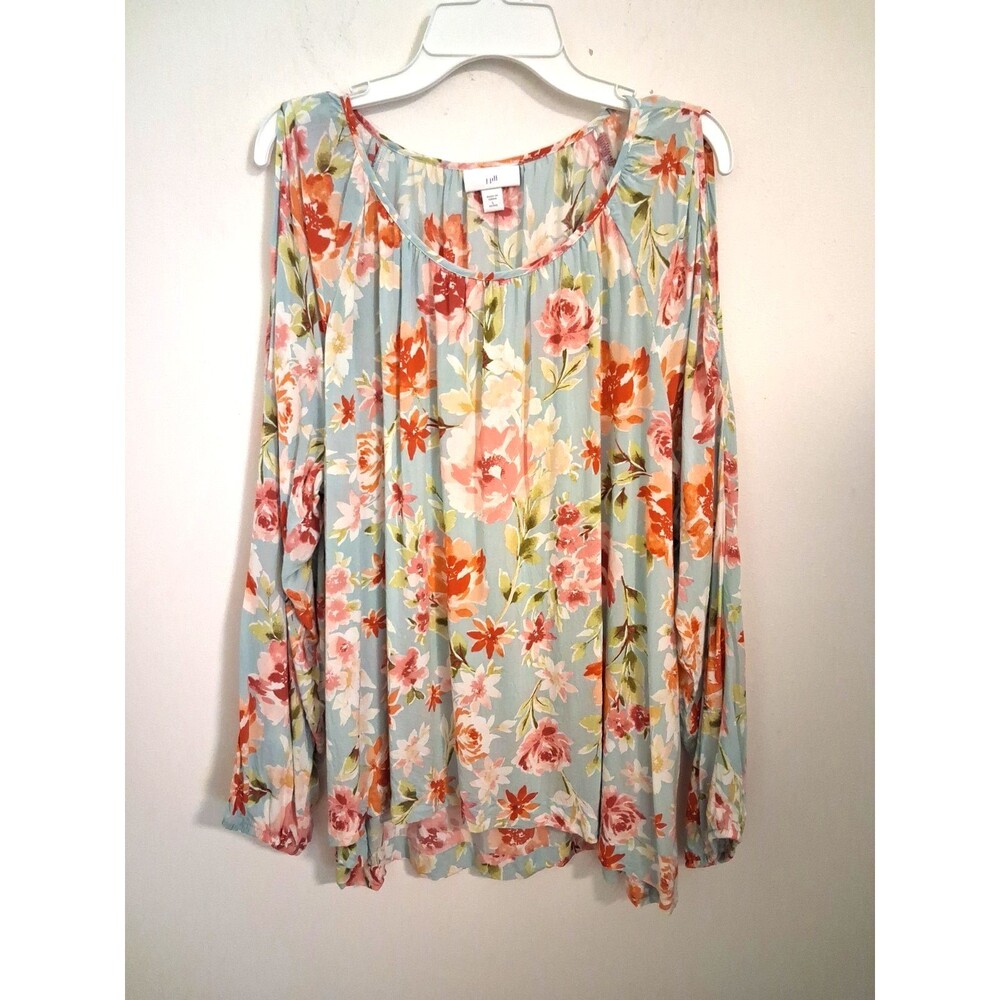 J. Jill Cold Shoulder Floral Blouse Large Petite Pink Blue Boho Beach Coastal
